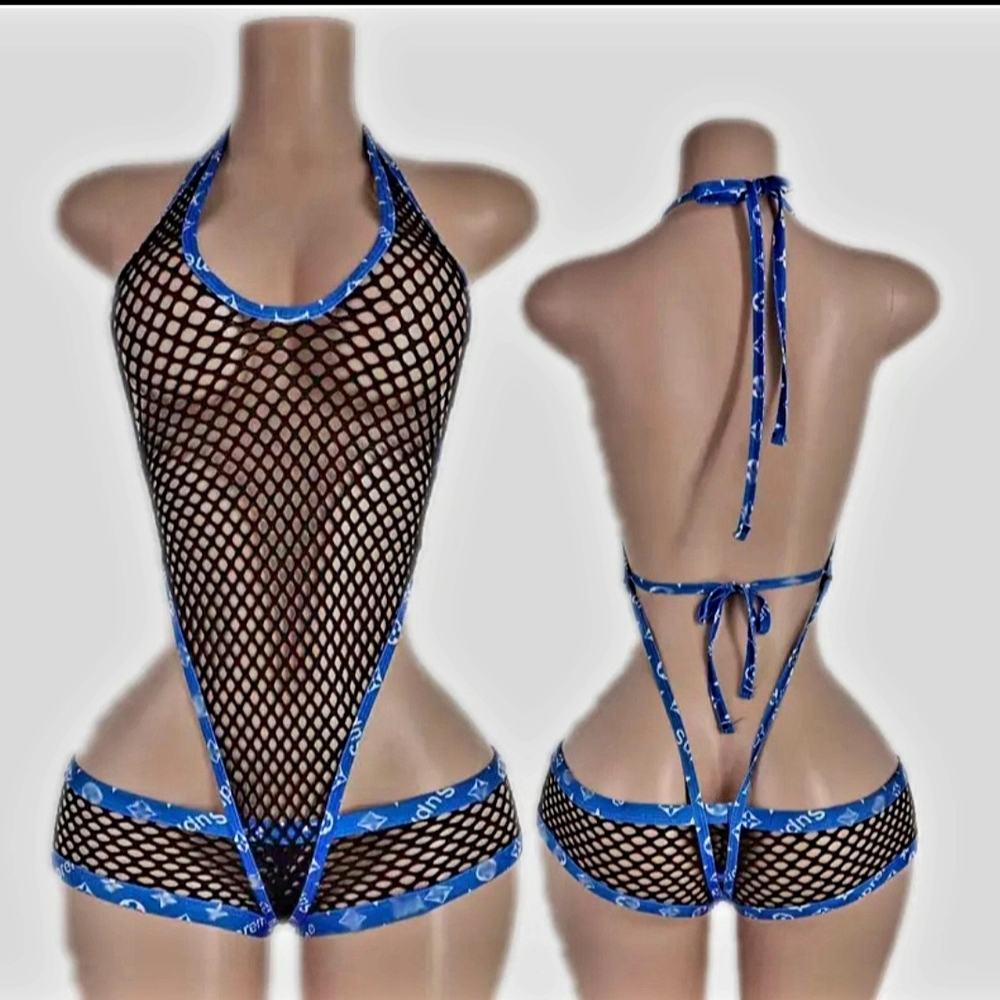Blue and Black Fishnet Halter Swimsuit